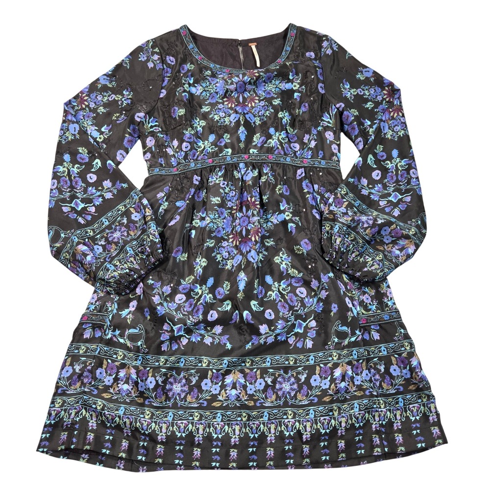 Free People Tangier Mini Dress Womens 2 Black Floral Embroidered Sequin Boho